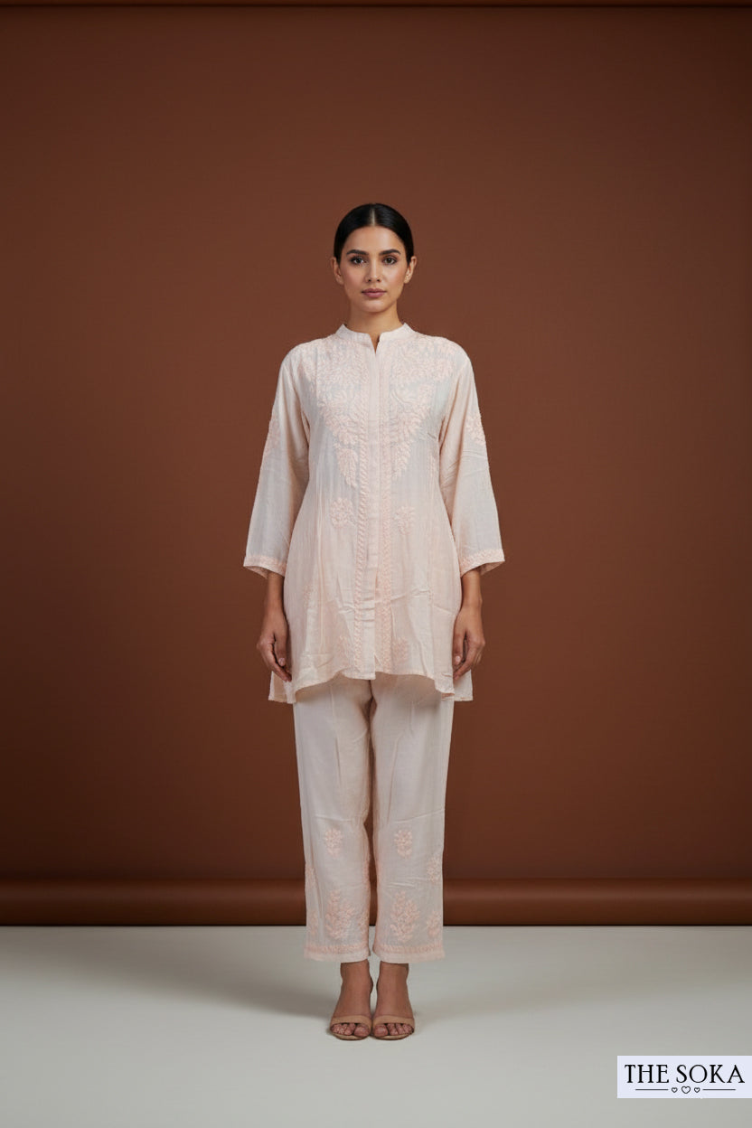 Peach Pure Chikankari Premium Muslin Co-Ord Embroidered Handwork