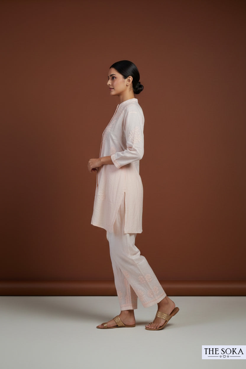 Peach Pure Chikankari Premium Muslin Co-Ord Embroidered Handwork