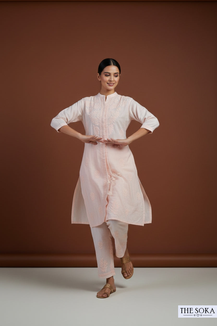 Peach Pure Chikankari Premium Muslin Co-Ord Embroidered Handwork