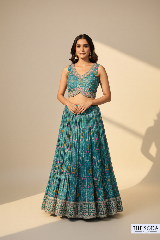 Peacock Green Printed Lehenga Choli with Net Dupatta