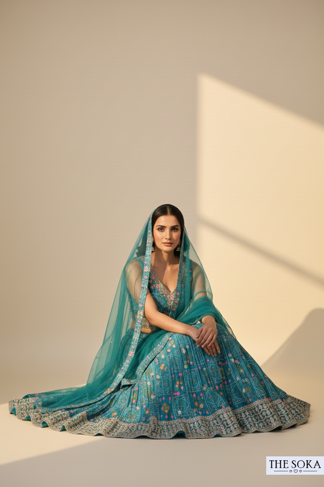 Peacock Green Printed Lehenga Choli with Net Dupatta