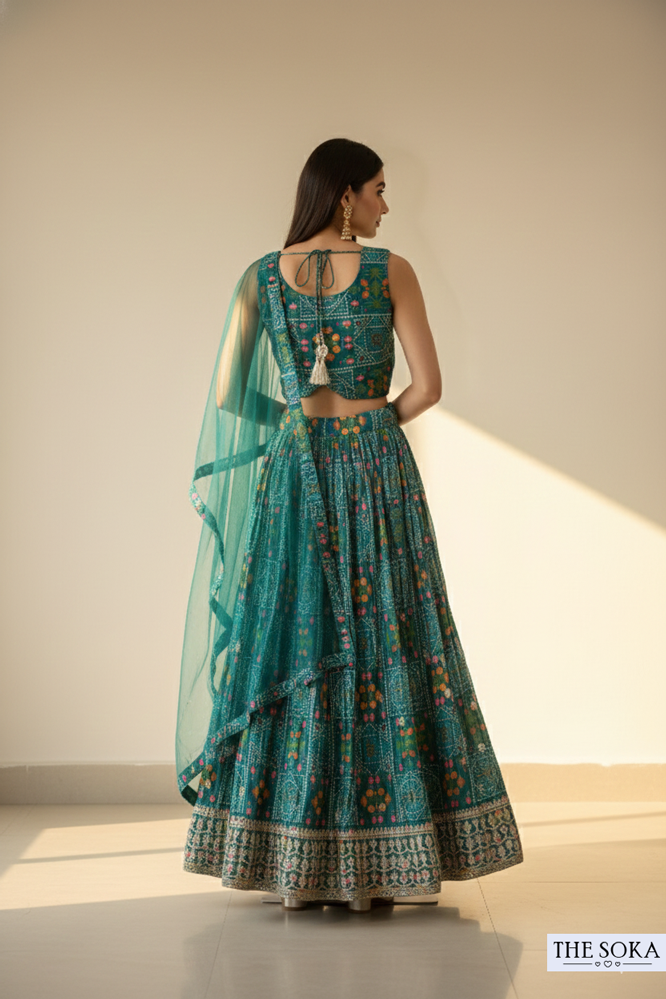Peacock Green Printed Lehenga Choli with Net Dupatta