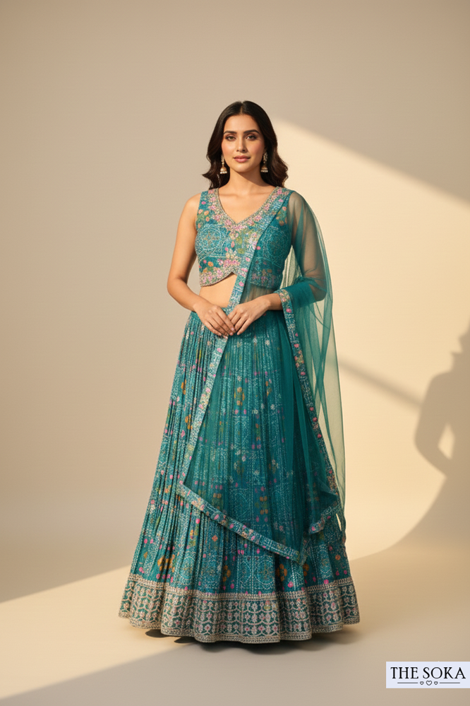 Peacock Green Printed Lehenga Choli with Net Dupatta