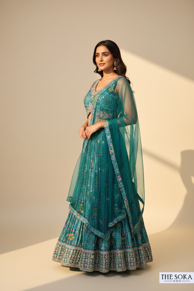 Peacock Green Printed Lehenga Choli with Net Dupatta