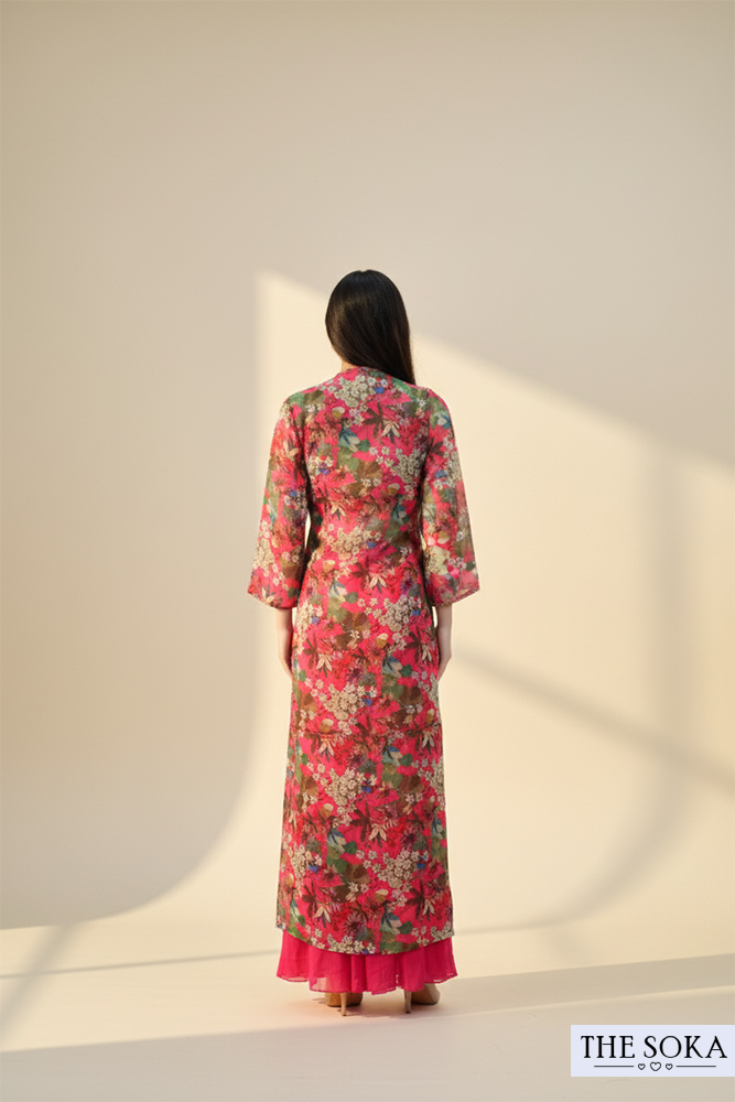 Pink Floral Print Crop Top with Palazzo and Long Jacket Set