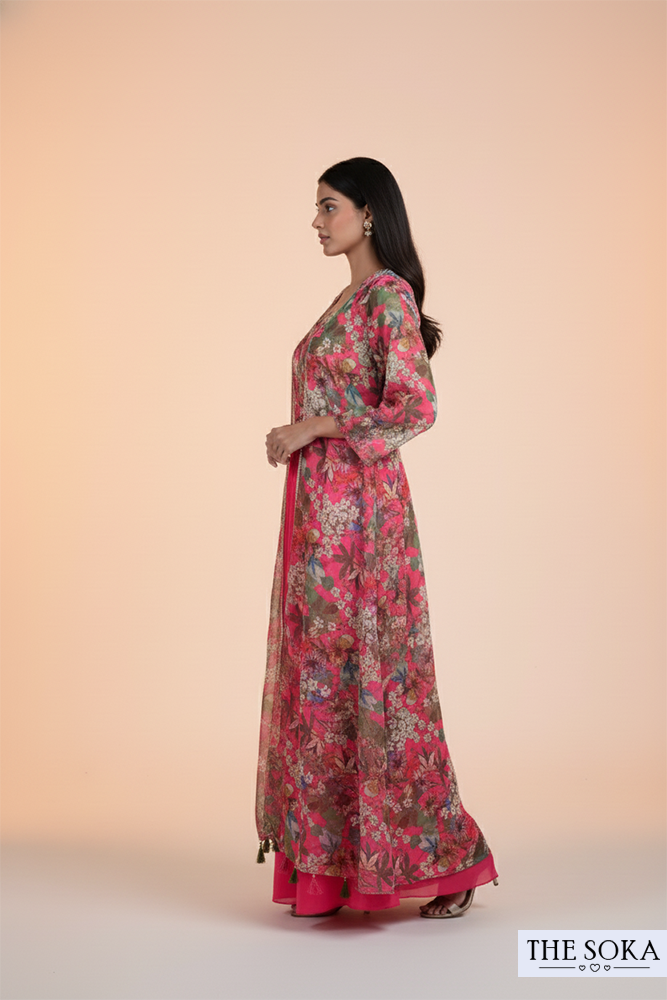 Pink Floral Print Crop Top with Palazzo and Long Jacket Set