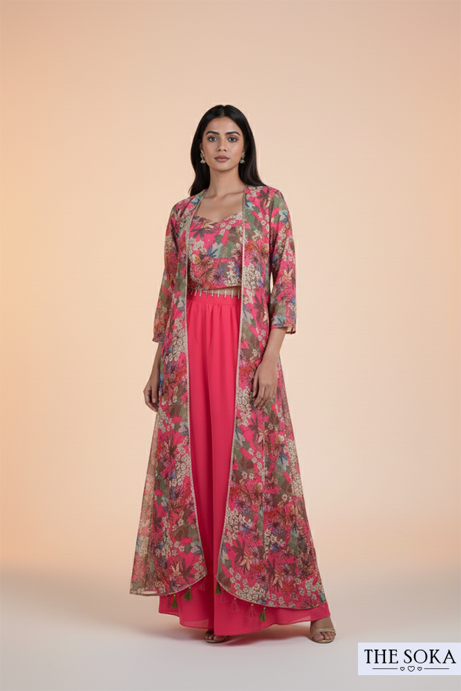 Pink Floral Print Crop Top with Palazzo and Long Jacket Set