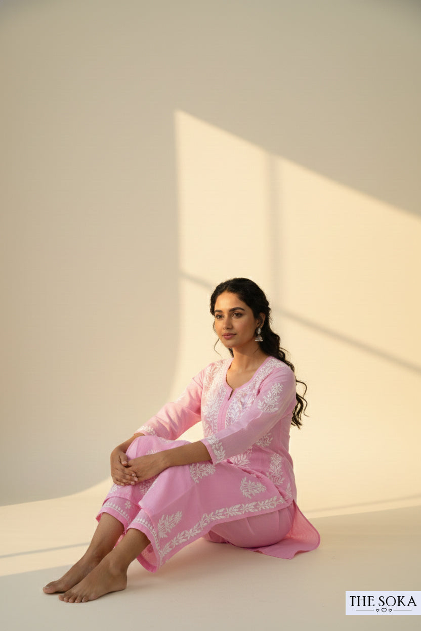 Pink Opulence Women Chikankari Kurta Set With Pant