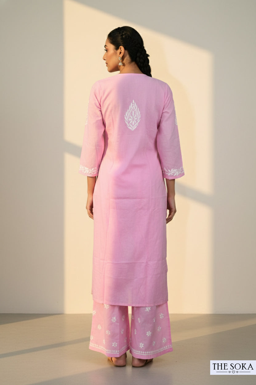 Pink Opulence Women Chikankari Kurta Set With Pant