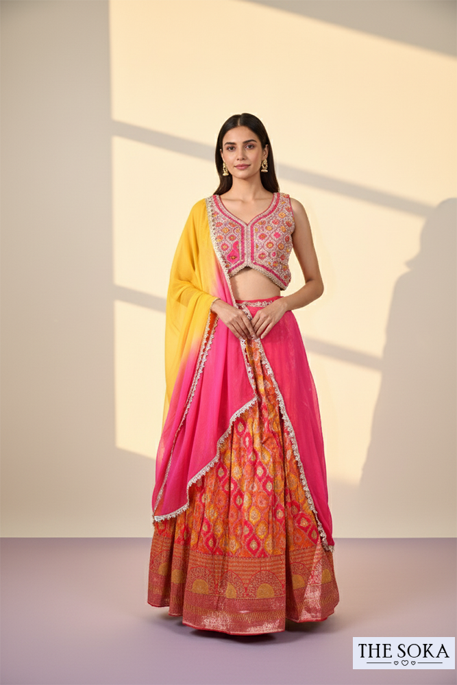 Pink & Orange Embroidered Banarasi Lehenga Choli with Yellow-Pink Ombre Dupatta