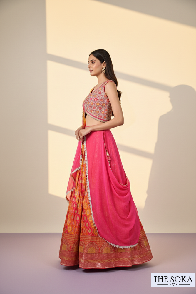 Pink & Orange Embroidered Banarasi Lehenga Choli with Yellow-Pink Ombre Dupatta