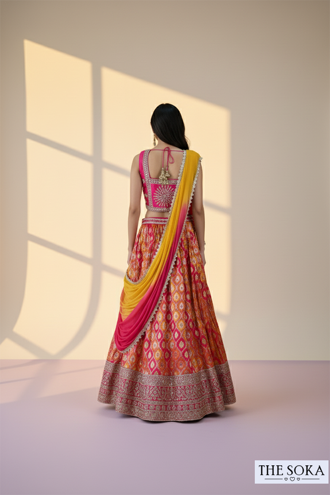 Pink & Orange Embroidered Banarasi Lehenga Choli with Yellow-Pink Ombre Dupatta