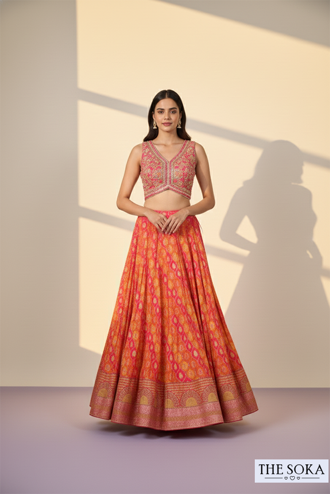 Pink & Orange Embroidered Banarasi Lehenga Choli with Yellow-Pink Ombre Dupatta