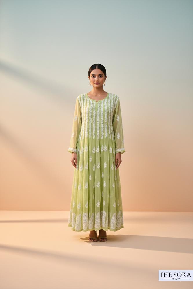 Pista Green Pure Chikankari Premium 56 Kali Anarkali Embroidered Handwork 