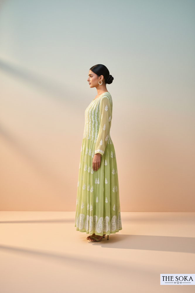 Pista Green Pure Chikankari Premium 56 Kali Anarkali Embroidered Handwork 