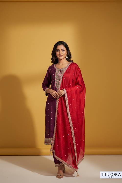 Plum Purple Embroidered Kurta Set with  Pants and Dupatta