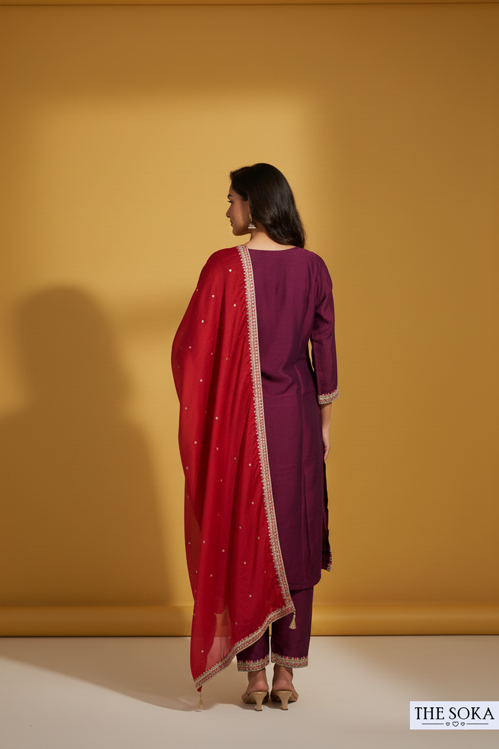Plum Purple Embroidered Kurta Set with  Pants and Dupatta