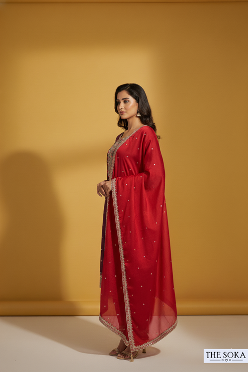 Plum Purple Embroidered Kurta Set with  Pants and Dupatta