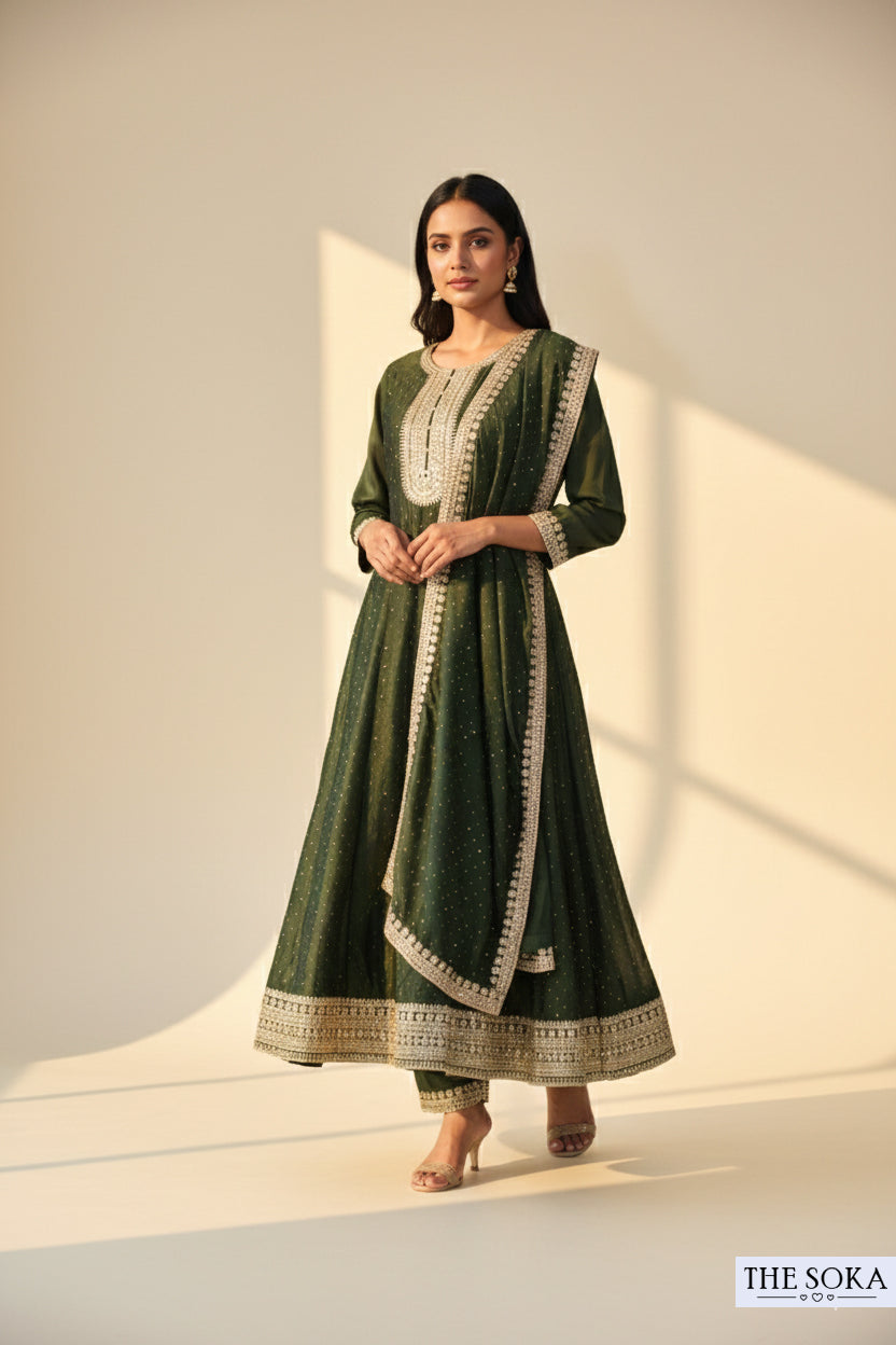 Premium Silk Embroidered Sage Green Kurta Set with Pants and Dupatta