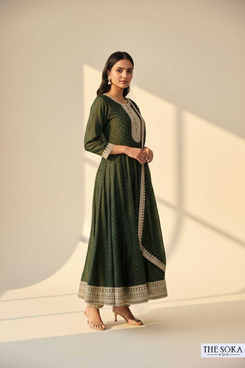 Premium Silk Embroidered Sage Green Kurta Set with Pants and Dupatta