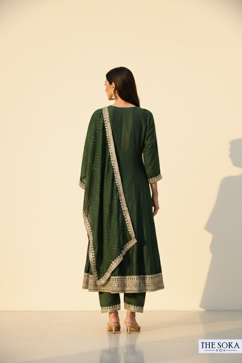 Premium Silk Embroidered Sage Green Kurta Set with Pants and Dupatta