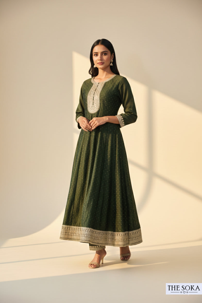 Premium Silk Embroidered Sage Green Kurta Set with Pants and Dupatta