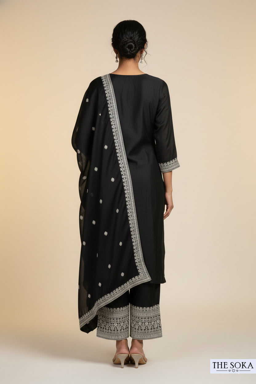 Premium Silk Black Embroidered Handwork Kurta Set with Dupatta