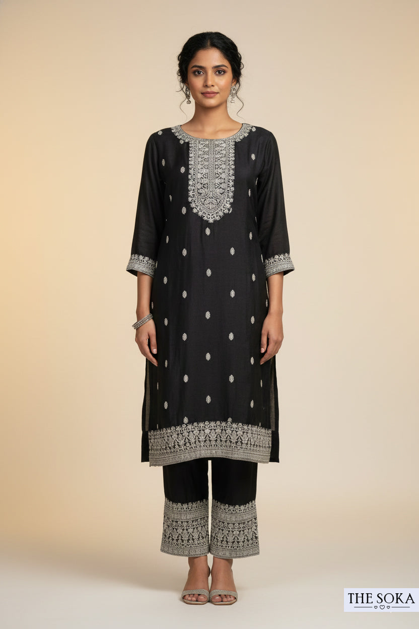 Premium Silk Black Embroidered Handwork Kurta Set with Dupatta