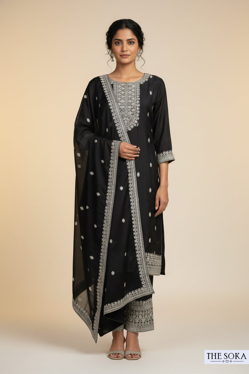 Premium Silk Black Embroidered Handwork Kurta Set with Dupatta