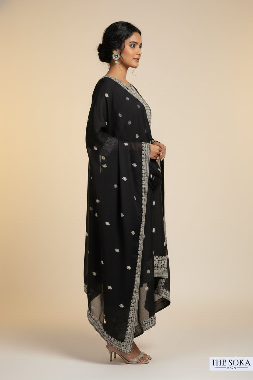 Premium Silk Black Embroidered Handwork Kurta Set with Dupatta