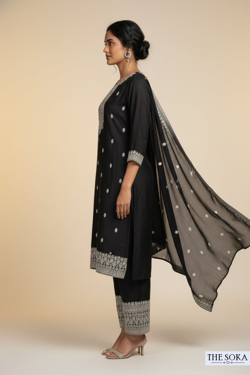 Premium Silk Black Embroidered Handwork Kurta Set with Dupatta