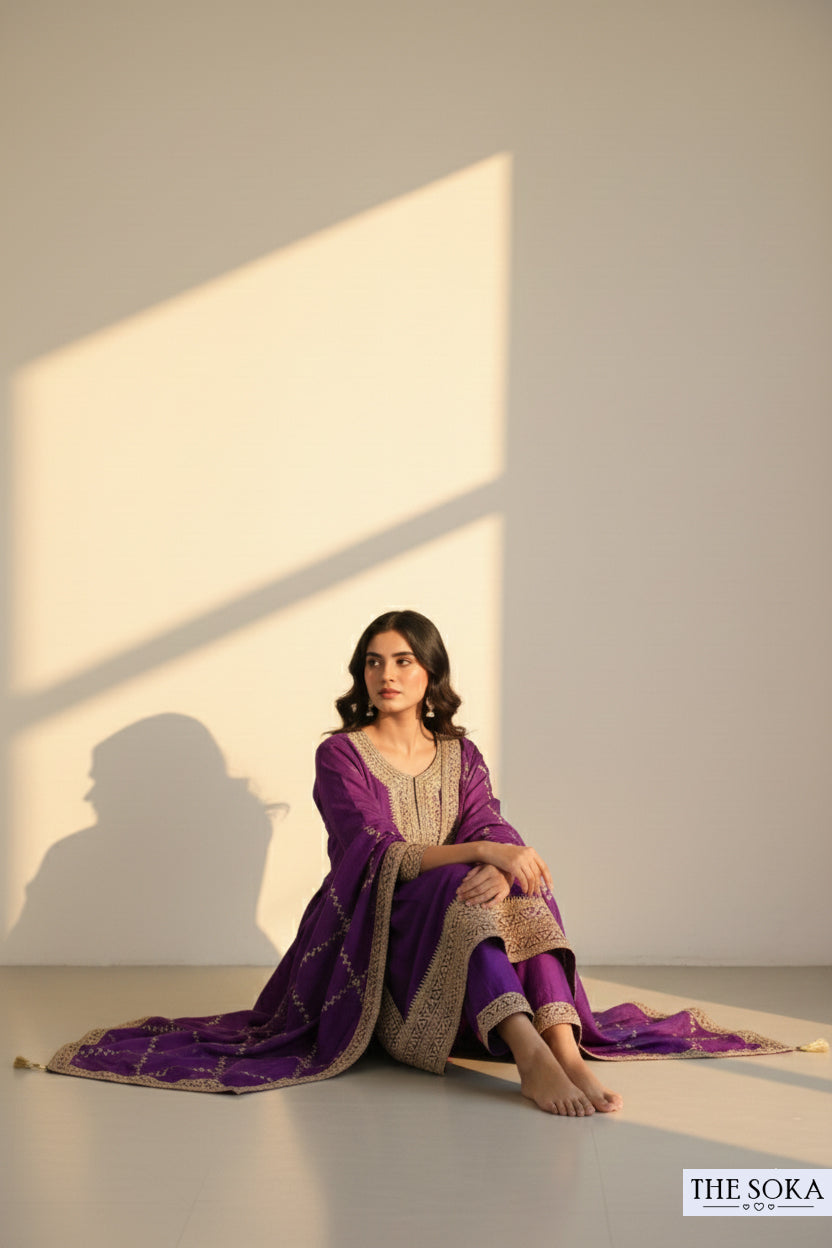 Premium Silk Dark Purple Embroidered Anarkali Suit Set with Pants and Dupatta