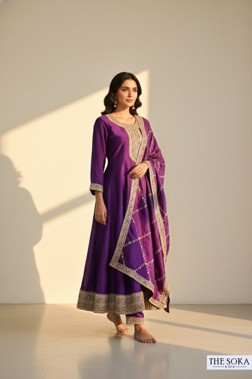 Premium Silk Dark Purple Embroidered Anarkali Suit Set with Pants and Dupatta