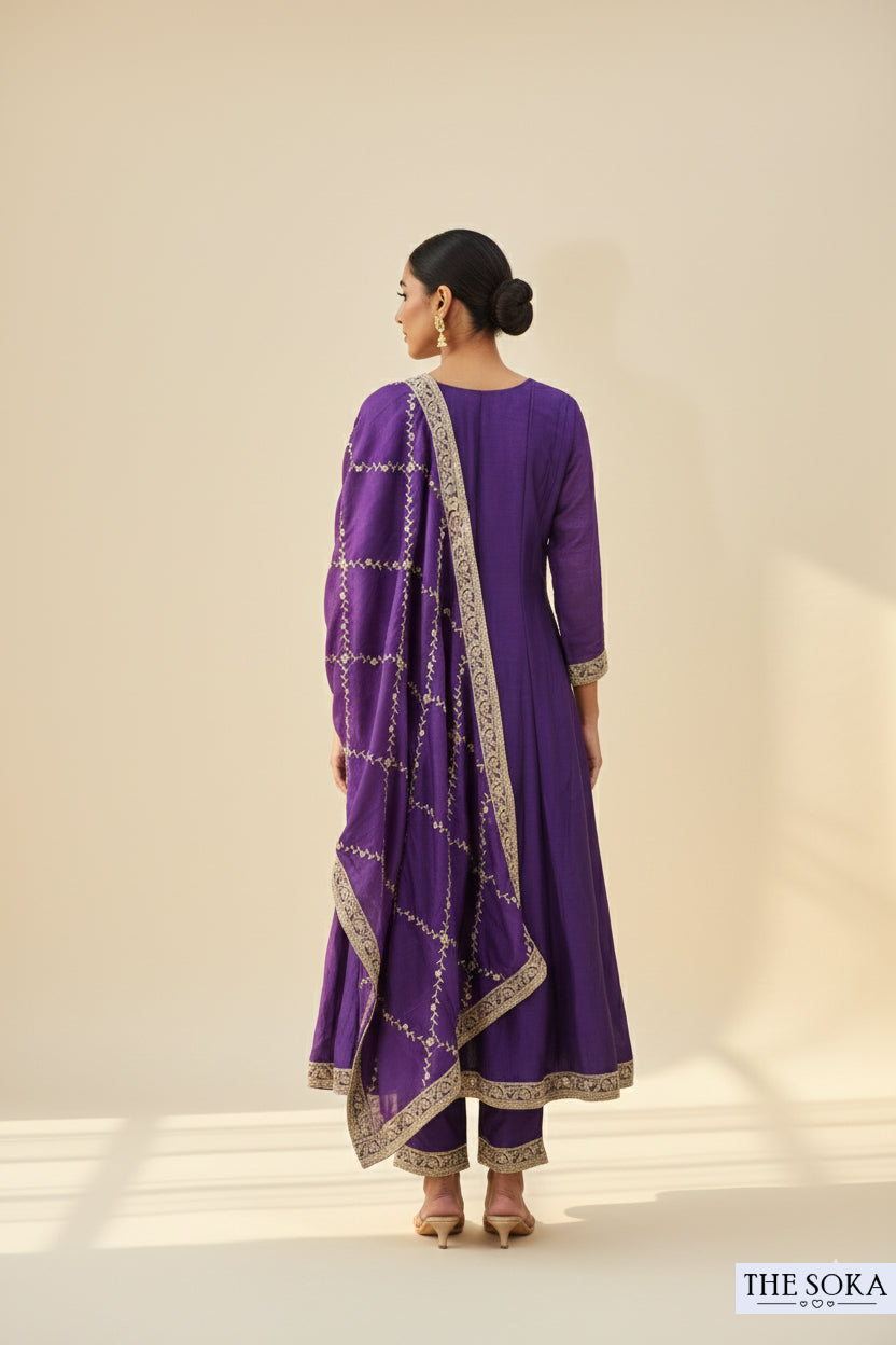 Premium Silk Dark Purple Embroidered Anarkali Suit Set with Pants and Dupatta