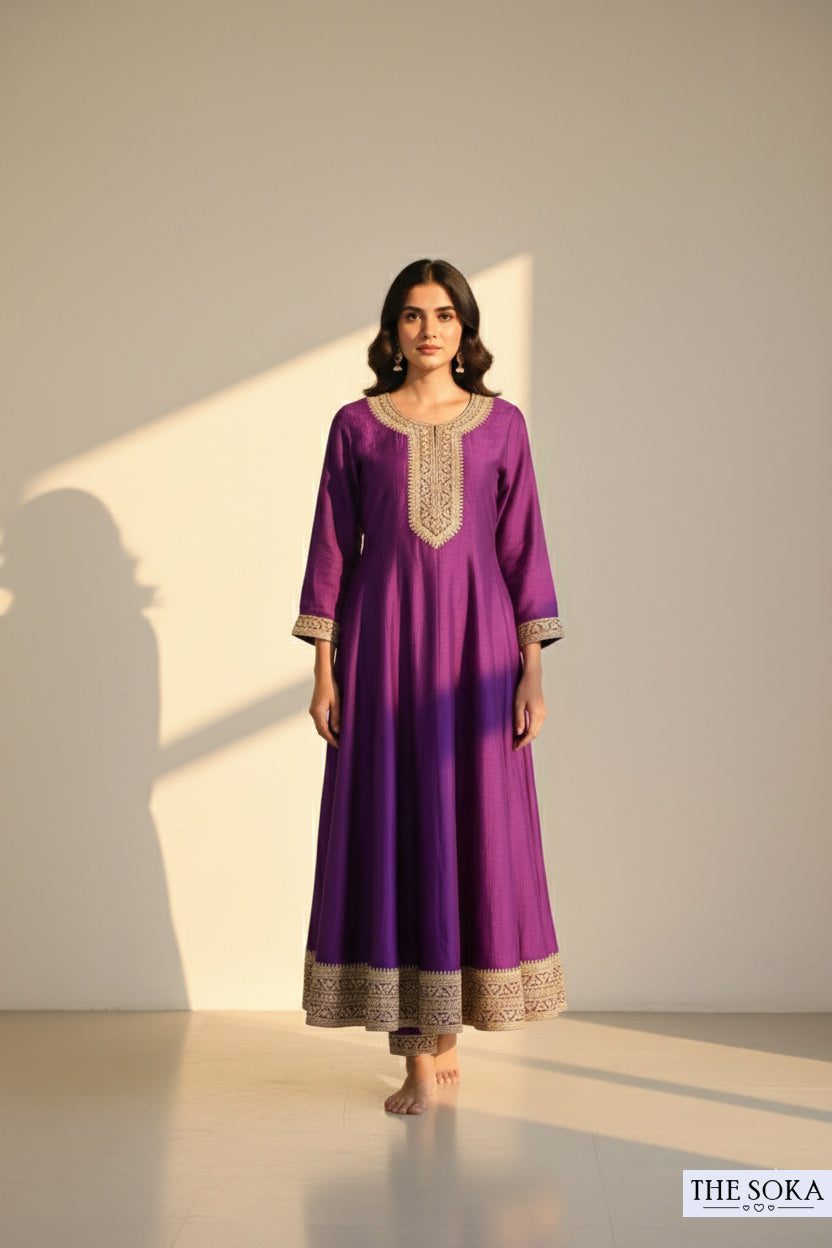 Premium Silk Dark Purple Embroidered Anarkali Suit Set with Pants and Dupatta
