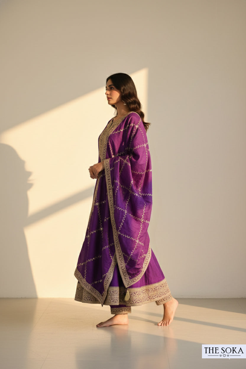Premium Silk Dark Purple Embroidered Anarkali Suit Set with Pants and Dupatta