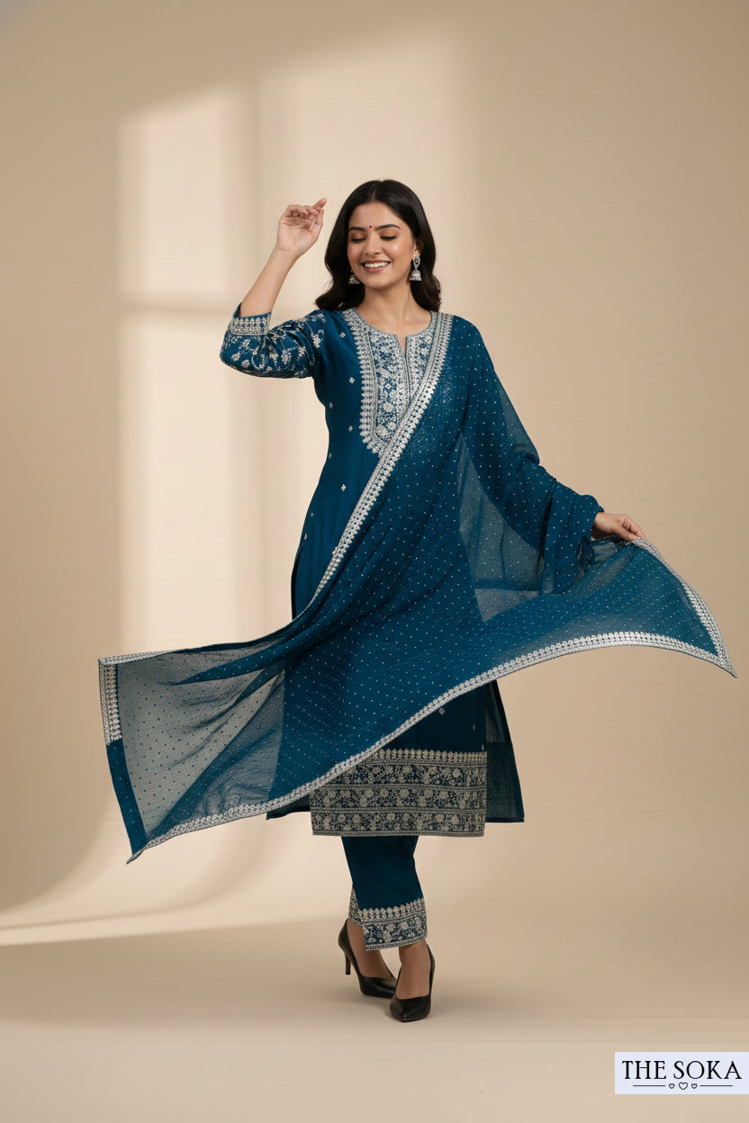 Premium Silk Deep Ocean Tone Embroidered Peplum Kurta Set with  Pants and Dupatta