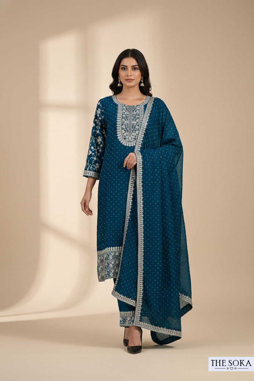 Premium Silk Deep Ocean Tone Embroidered Peplum Kurta Set with  Pants and Dupatta