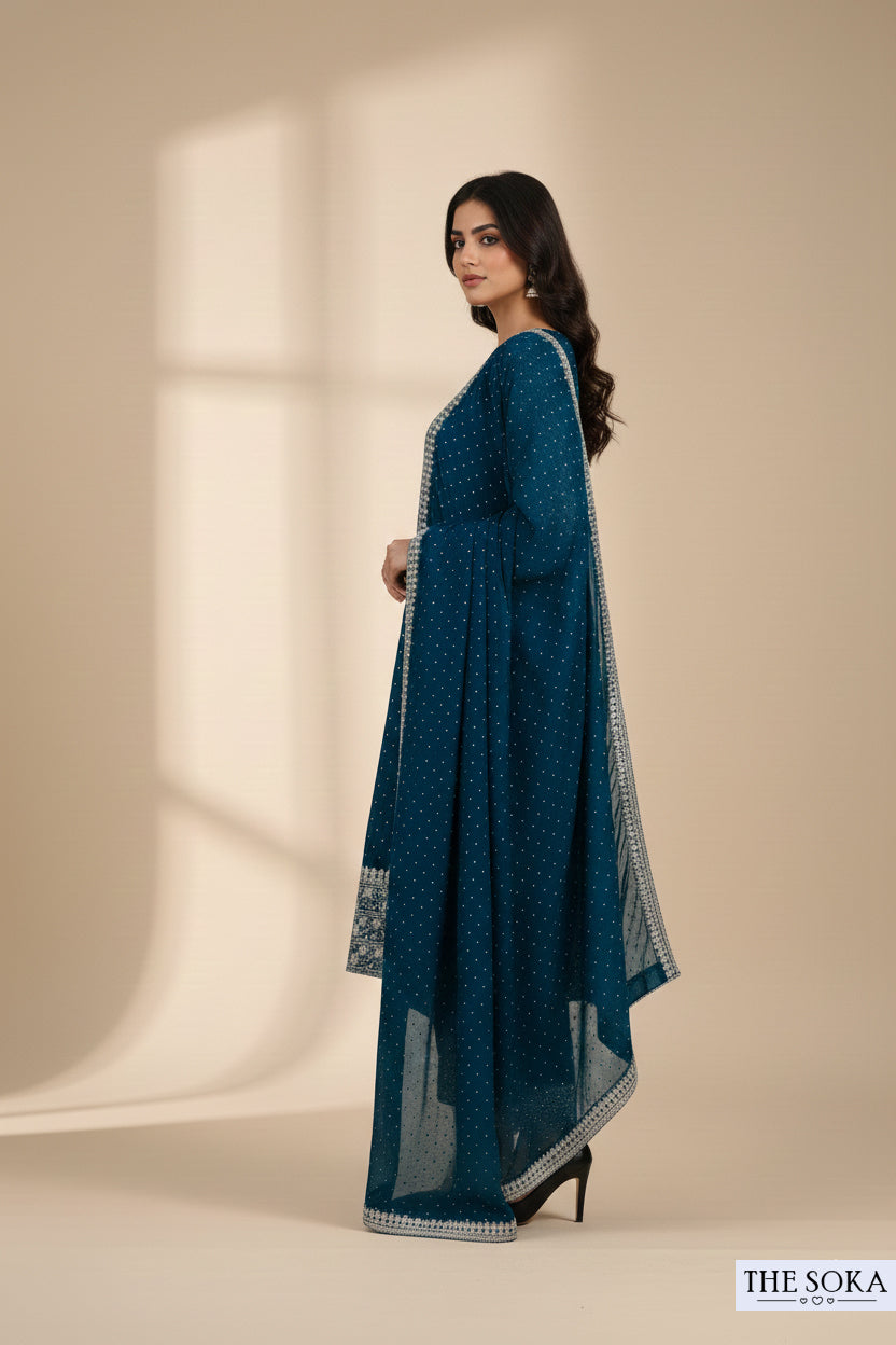 Premium Silk Deep Ocean Tone Embroidered Peplum Kurta Set with  Pants and Dupatta