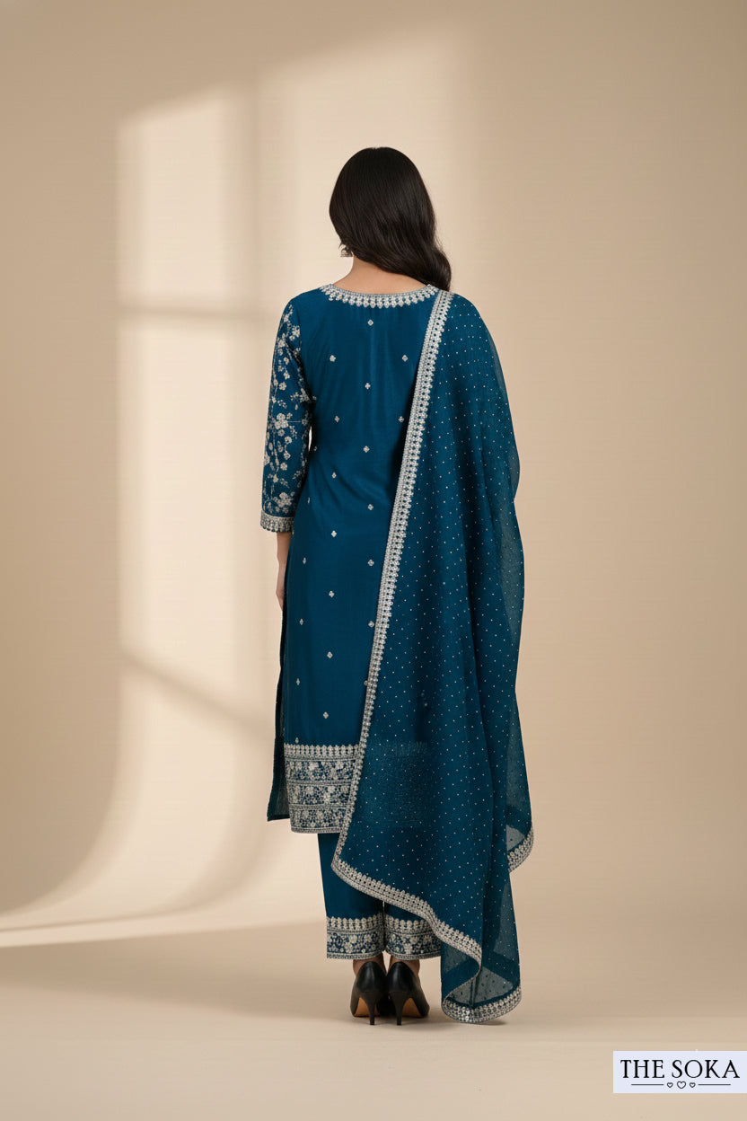Premium Silk Deep Ocean Tone Embroidered Peplum Kurta Set with  Pants and Dupatta