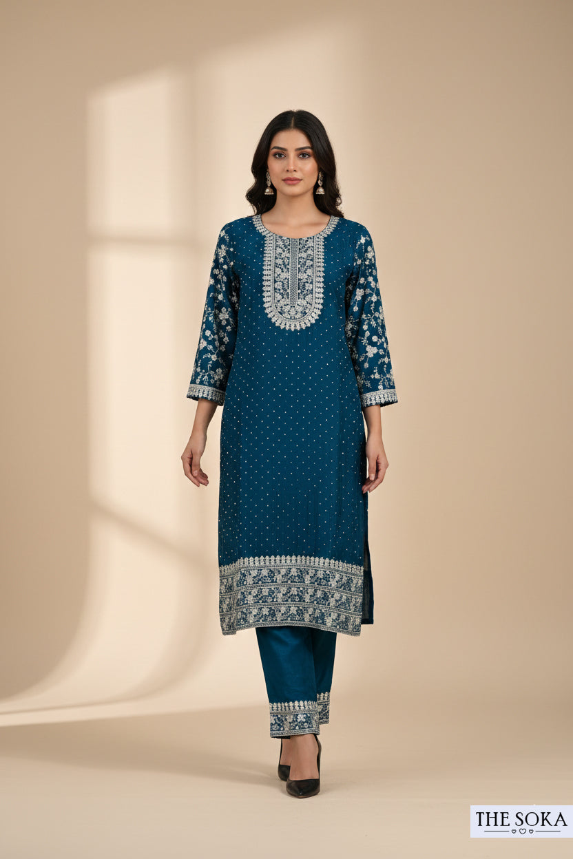 Premium Silk Deep Ocean Tone Embroidered Peplum Kurta Set with  Pants and Dupatta