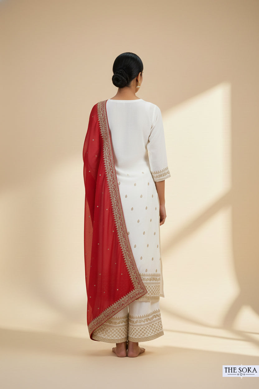 Premium Silk Golden White Embroidered Peplum Kurta Set with  Pants and Dupatta