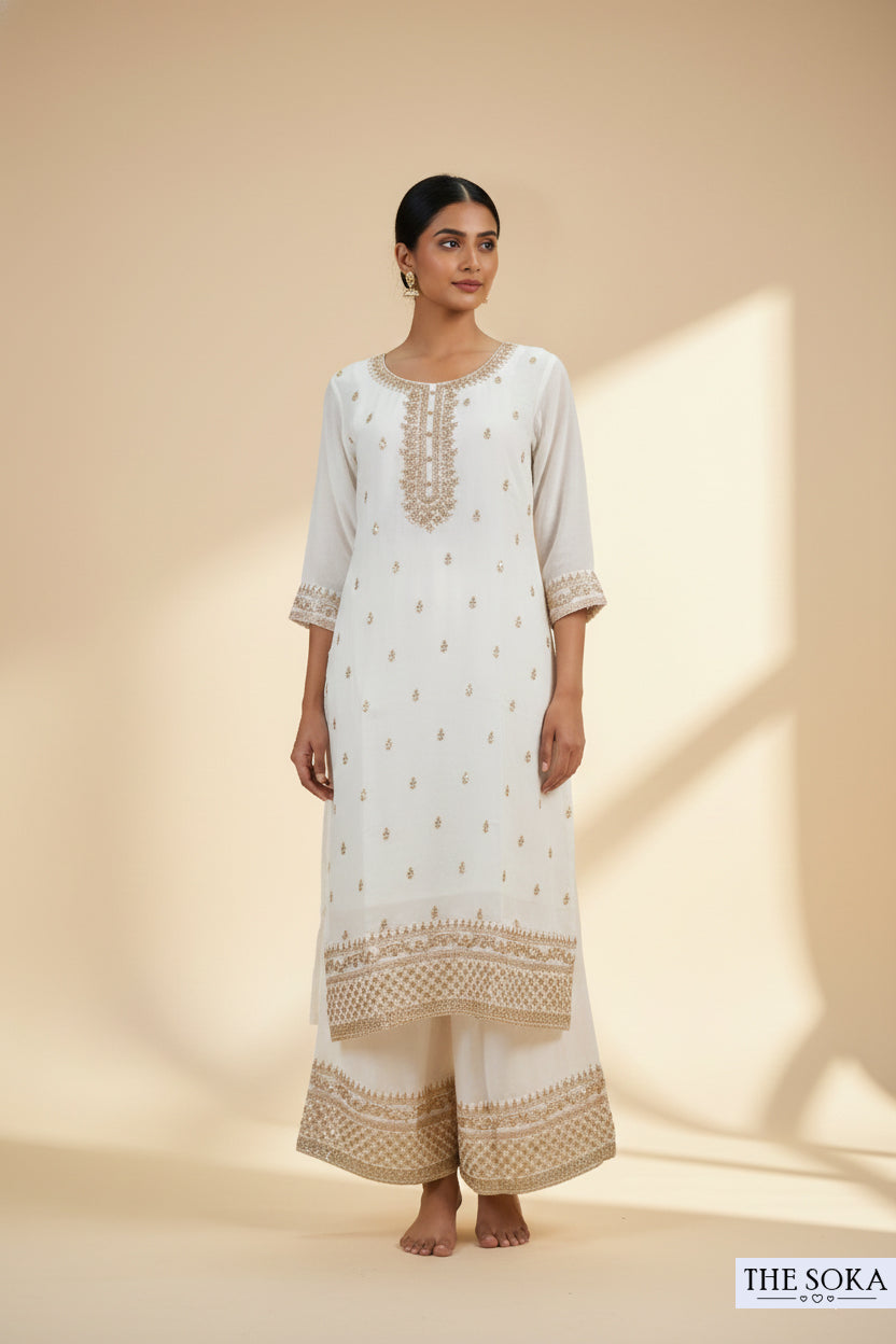Premium Silk Golden White Embroidered Peplum Kurta Set with  Pants and Dupatta