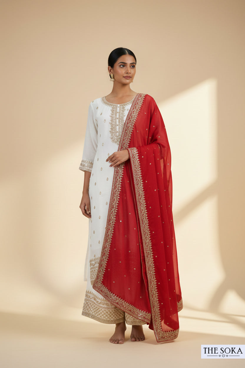 Premium Silk Golden White Embroidered Peplum Kurta Set with  Pants and Dupatta