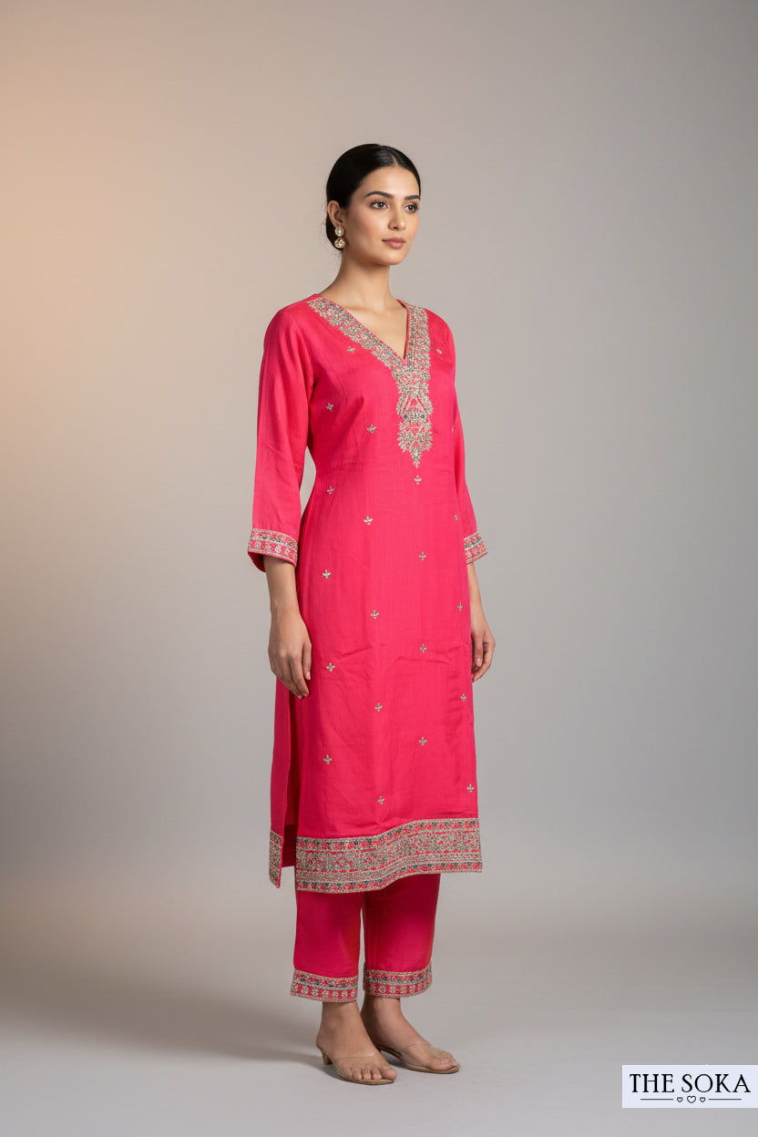Premium Silk Hot Pink Embroidered Handwork Kurta Set with Dupatta