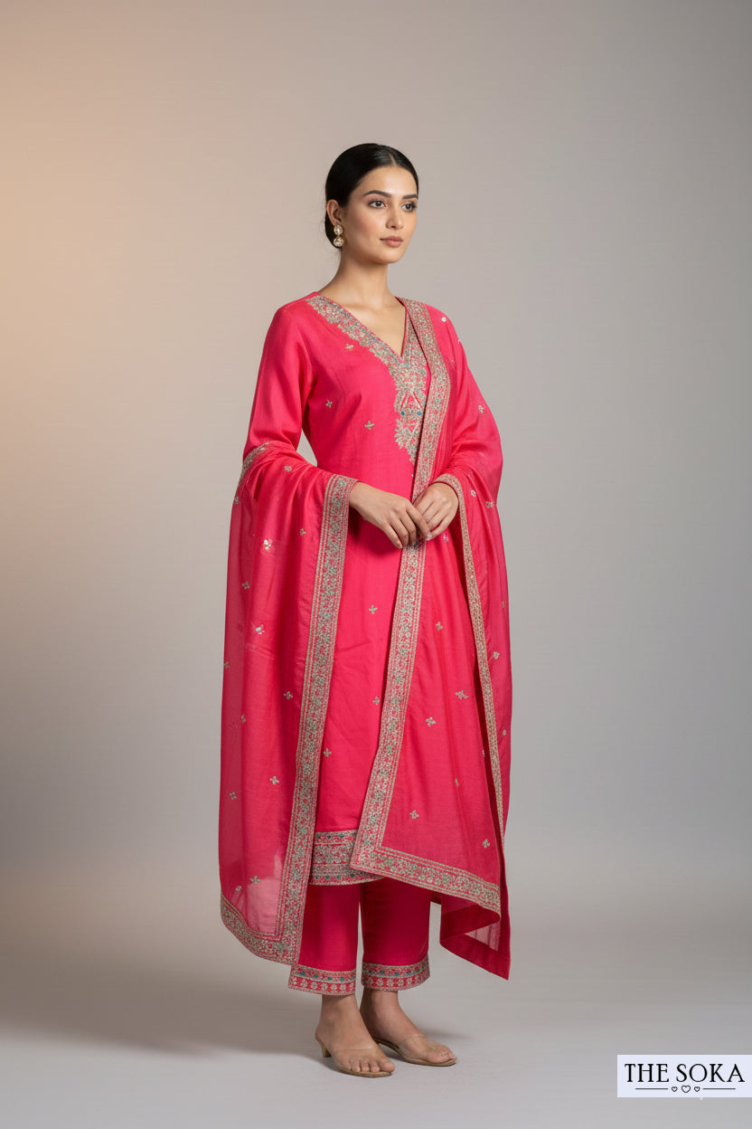 Premium Silk Hot Pink Embroidered Handwork Kurta Set with Dupatta