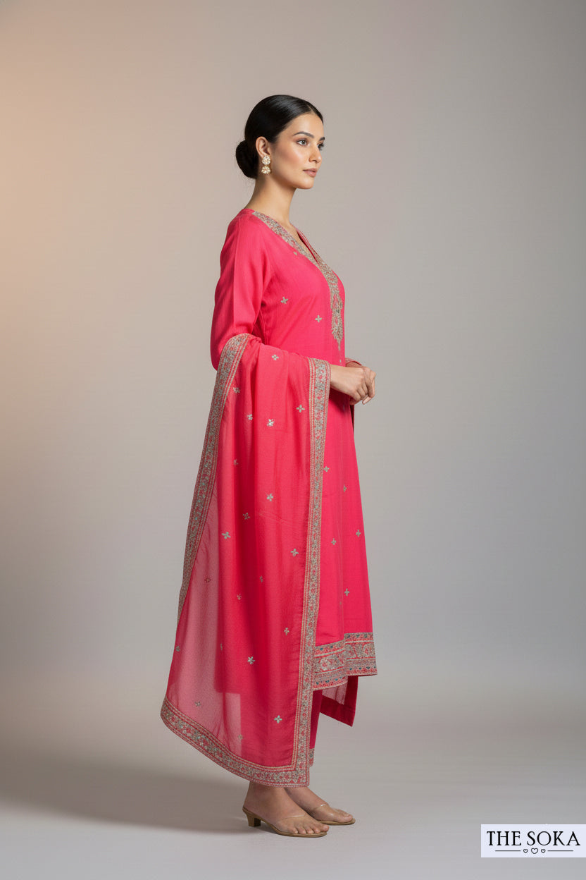 Premium Silk Hot Pink Embroidered Handwork Kurta Set with Dupatta