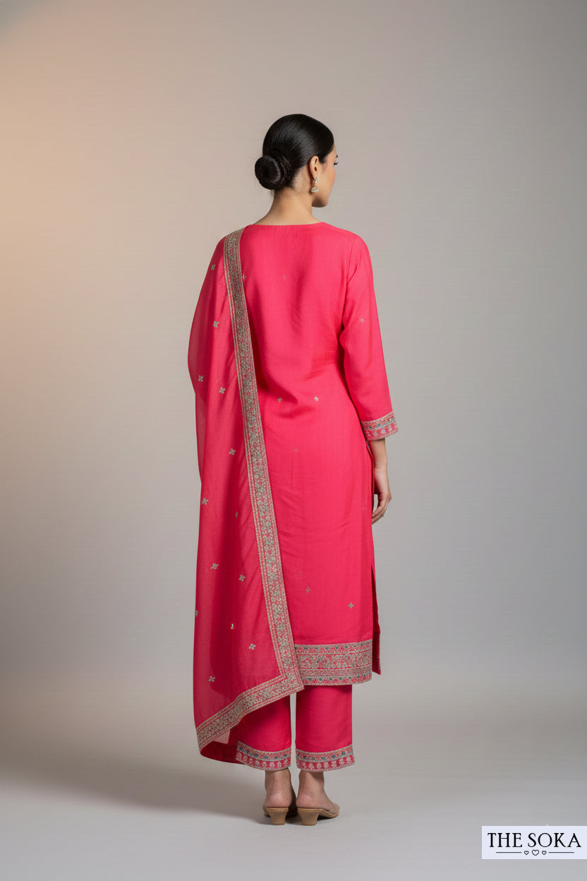 Premium Silk Hot Pink Embroidered Handwork Kurta Set with Dupatta
