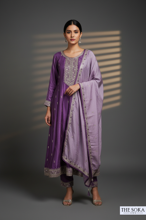 Premium Silk Light Purple Tone Embroidered Peplum Kurta Set with  Pants and Dupatta