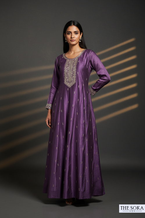 Premium Silk Light Purple Tone Embroidered Peplum Kurta Set with  Pants and Dupatta